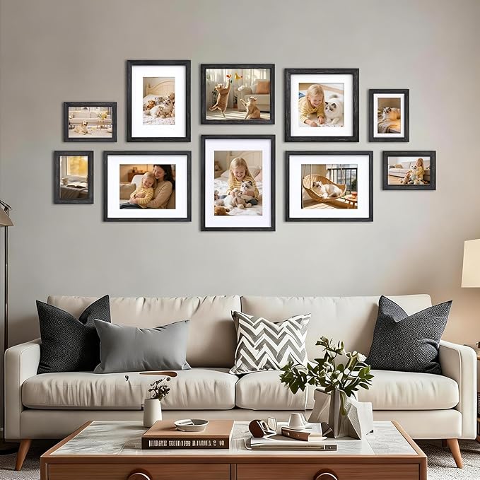 Egofine 8x8 Picture Frame Made of Solid Wood with Plexiglass, Display Pictures 4x4/6x6 with Mat or 8x8 Without Mat Set of 4 for Tabletop and Wall Mounting, Driftwood Black