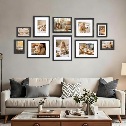 Egofine 8x8 Picture Frame Made of Solid Wood with Plexiglass, Display Pictures 4x4/6x6 with Mat or 8x8 Without Mat Set of 4 for Tabletop and Wall Mounting, Driftwood Black