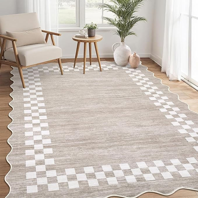 GarveeHome Area Rug 6x9 Large Living Room Modern Border Throw Rug with Rubber Backing Stain Resistant Dining Room Throw Carpet Washable Scalloped Rug for Bedroom Home Decor Office, Fog