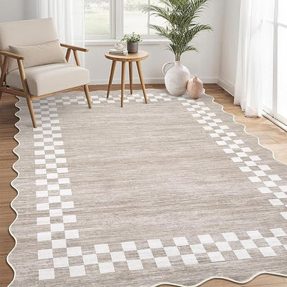 GarveeHome Washable Rug 5x7 for Living Room Large Bedroom Scalloped Rug Non Slip Stain Resistant Modern Border Throw Carpet Soft Boho Rug for Dining Room Nursery Home Office, Fog