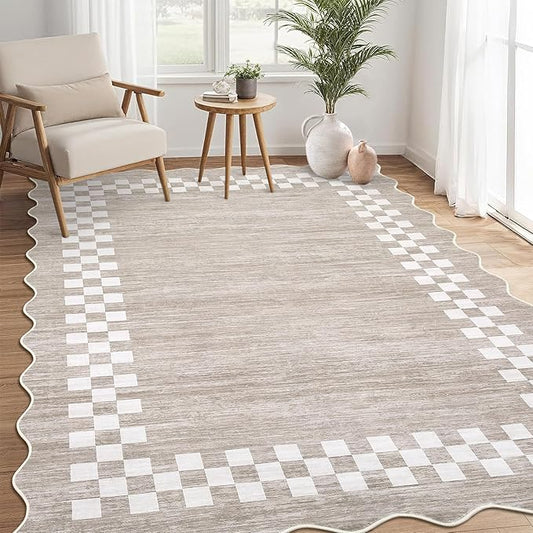 Small Bedroom Area Rug 3x5 Checkered Area Rug for Living Room Nursery Non Slip Kitchen Throw Carpet Low Pile Modern Bordered Rugs Washable Bathroom Mat Soft Brown Rugs for Laundry Entryway, Fog