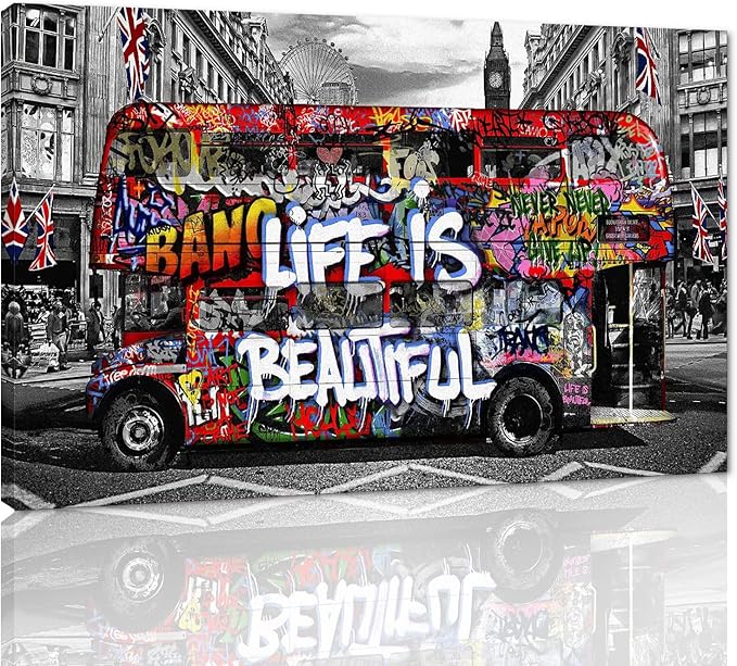 Graffiti Street Wall Art Banksy Painting Artwork Framed Life is Beautiful Wall Decor Canvas Prints Graffiti Picture for Living Room Office Bedroom Ready to Hang -44" Wx28 H