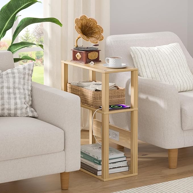 YUFAM Small Narrow Wood Side Table with Charging Station, 3-Tier Slim End Table for Small Space, Skinny Nightstand with Storage for Couch, Thin Bedside Table with USB Ports and Outlets, Natural