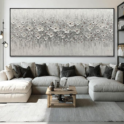 SDYA Oversized White Flower Wall Art, Hand Painted Floral Canvas Paintings With Frame, Extra Large Modern Wall Decor for Living Room Bedroom Office 40"x86"