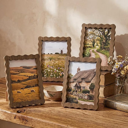 Novabright 4 Pcs 5 x 7 Inch Wood Wavy Edge Picture Frame Vintage Wooden Photo Frame with Real Glass for Tabletop and Wall Display Home Decor Photo Gallery Family Friend Wedding Graduation Gift