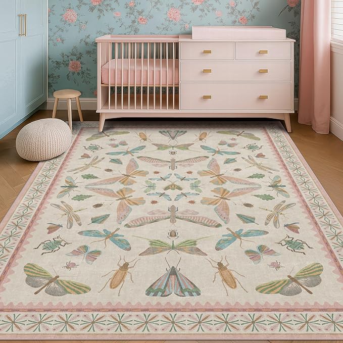 Hazo Haus Washable 5x8 Light Pink Rug for Bedroom - Pink Boho Girl Nursery Rug, Living Room, Nature Insect Bug Print Home Decor