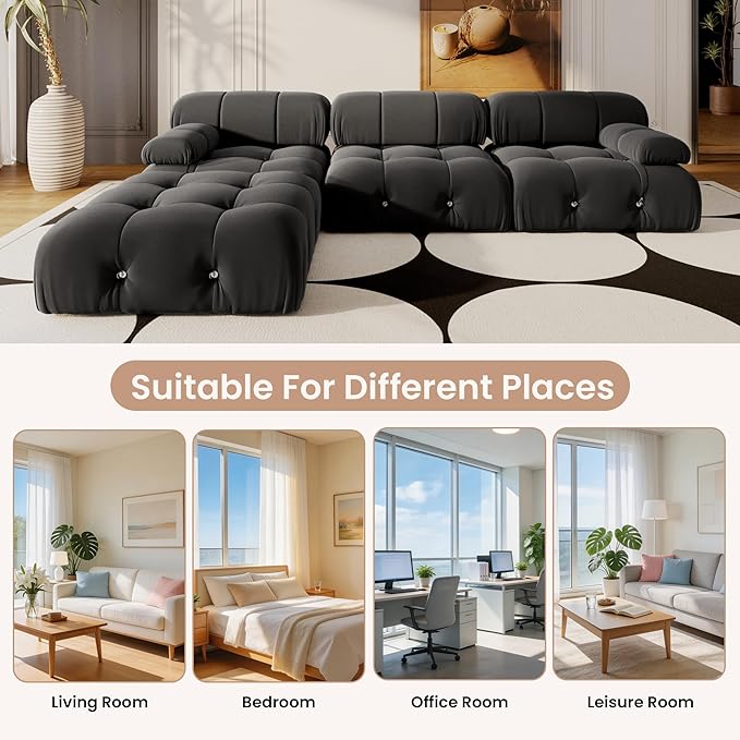 104'' Modular Sectional Couch, L-Shaped Velvet Bubble Couch with Reversible Chaise Ottoman, Modern Black Sectional Couches for Living Room, Apartment (3 Seats, 1 Ottoman, Black)