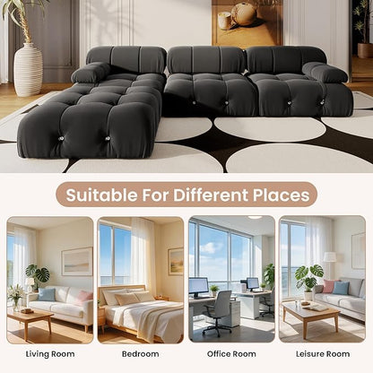 104'' Modular Sectional Couch, L-Shaped Velvet Bubble Couch with Reversible Chaise Ottoman, Modern Black Sectional Couches for Living Room, Apartment (3 Seats, 1 Ottoman, Black)