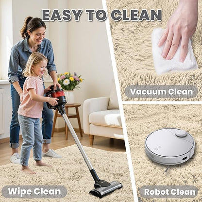 2x6 Bedside Area Rugs for Bedroom: Soft Fluffy Shag Beige Rug for Hallway, Non-Slip Fuzzy Plush Living Room Rug Indoor Floor Carpet for Kids Rooms, Dorm, Nursery, Modern Home Aesthetic Decor