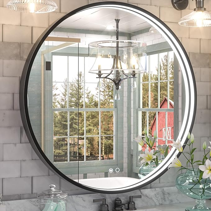 Keonjinn 36 LED Round Mirror for Vanity, 3 Color Temperature Lights 3000K/4500K/6000K Wall Mounted Bathroom, Round Mirror Black Framed Dimmable Lighted Circular Mirrors with Anti-Fog UL Listed CRI≥90