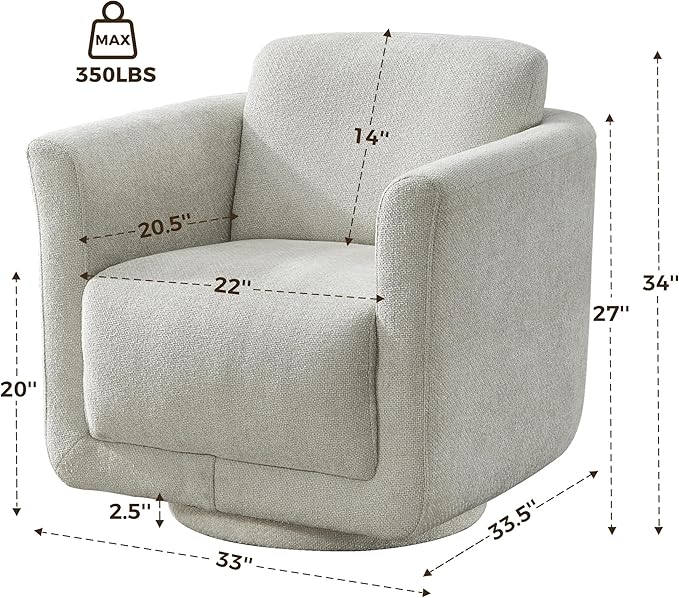 Swivel Accent Chair, 360° Barrel Swivel Lounge Seat with Thick Cushion, Modern Upholstered Single Sofa for Living Room, Bedroom and Reading Nook, Cozy Seating for Small Spaces, Cream (Gray)