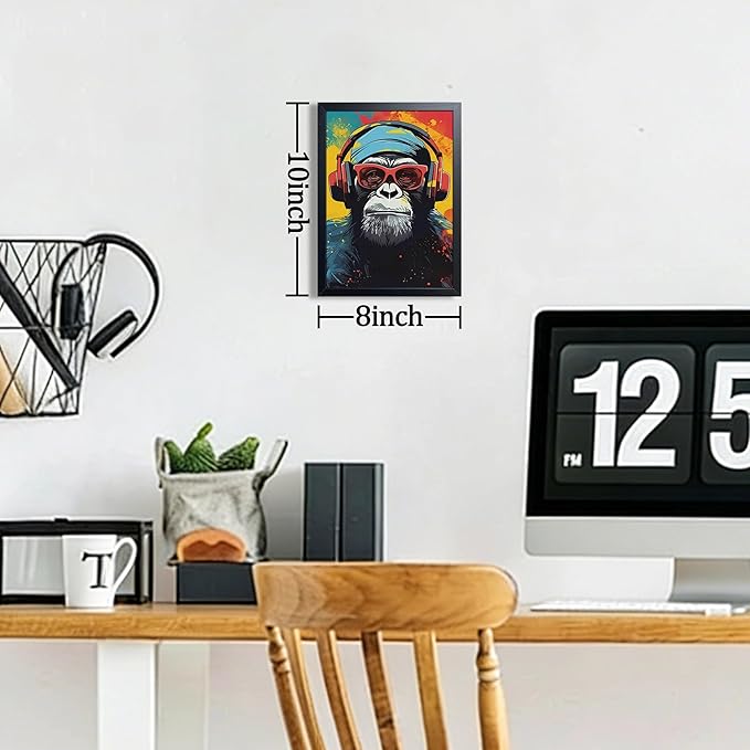 Framed Cool Monkey Wall Art, With Headphones and Sunglasses Chimp Wall Decor, Colorful Graffiti Canvas Print Poster, Cool Animal Oil Painting for Boys Bedroom Gaming Room Home Decor 8x10 Inch