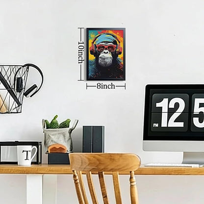 Framed Cool Monkey Wall Art, With Headphones and Sunglasses Chimp Wall Decor, Colorful Graffiti Canvas Print Poster, Cool Animal Oil Painting for Boys Bedroom Gaming Room Home Decor 8x10 Inch