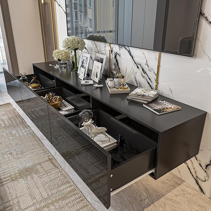 Homsee Floating LED TV Stand for TVs up to 70", Wall Mounted Wood Media Console with Glossy Surface & LED Lights, Modern Entertainment Center with 3 Drawers for Living Room, Bedroom, Black