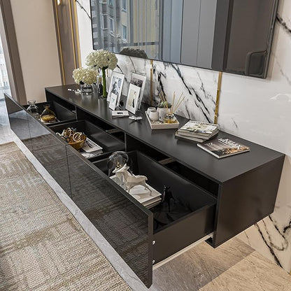 Homsee Floating LED TV Stand for TVs up to 70", Wall Mounted Wood Media Console with Glossy Surface & LED Lights, Modern Entertainment Center with 3 Drawers for Living Room, Bedroom, Black