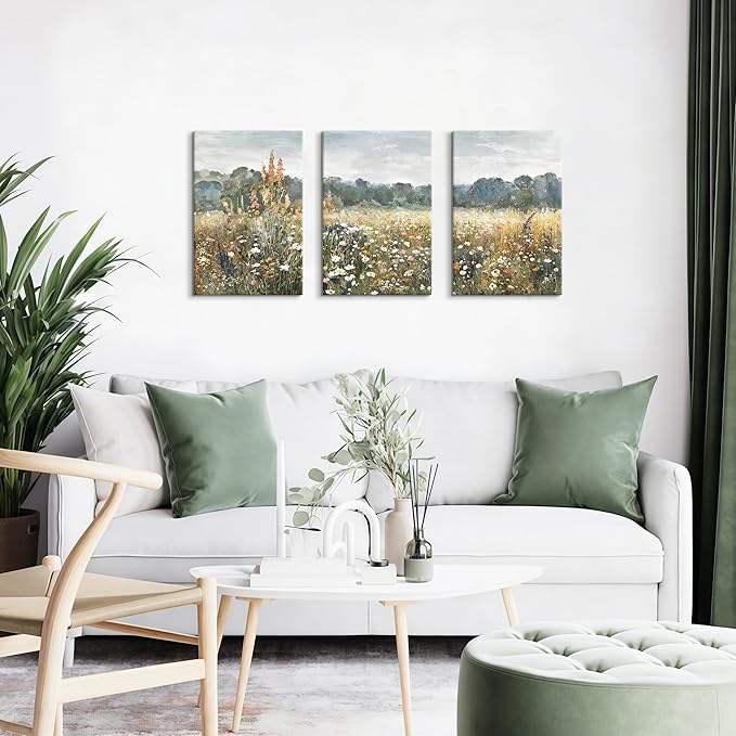 WENGTIAO 3Pcs Spring Wildflower Field Canvas Wall Art Prints Rustic Meadow Landscape Painting Nature Watercolor Flower Pictures Poster Vintage Farmhouse Artwork for Living Room Bedroom 12”x16”x3