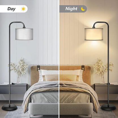 PARTPHONER LED Floor Lamp for Living Room, Modern Standing Lamp with Foot Switch Grey Organza Fabric Shade Tall Pole Reading Lamp for Bedroom Study Room Office, 9W Bulb Included