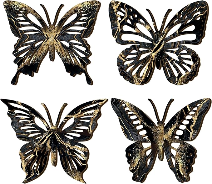 Qunclay 4 Pcs Wooden Butterfly Wall Decor Large Butterfly Wall Art Boho Home Hanging Modern Sculpture Decorations Modernist Signs for Living Room Bathroom Yard Gallery Indoor Outdoor(Black, Gold)