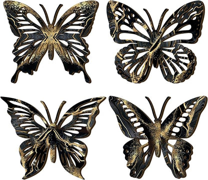 Qunclay 4 Pcs Wooden Butterfly Wall Decor Large Butterfly Wall Art Boho Home Hanging Modern Sculpture Decorations Modernist Signs for Living Room Bathroom Yard Gallery Indoor Outdoor(Black, Gold)