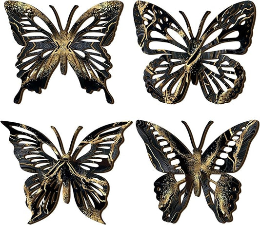Qunclay 4 Pcs Wooden Butterfly Wall Decor Large Butterfly Wall Art Boho Home Hanging Modern Sculpture Decorations Modernist Signs for Living Room Bathroom Yard Gallery Indoor Outdoor(Black, Gold)