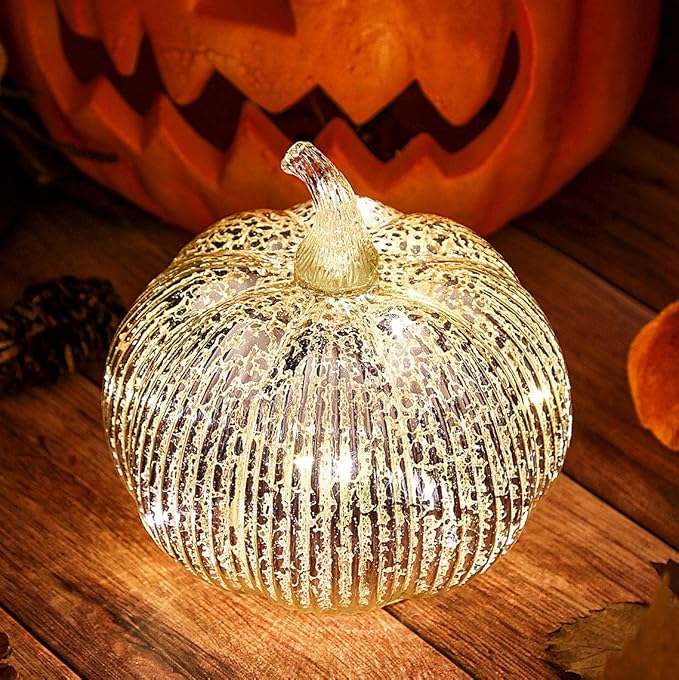 Mercury Glass Light Up Pumpkin with Timer, Fall Decoration for Home, Silver Halloween Festive Decor Lamp