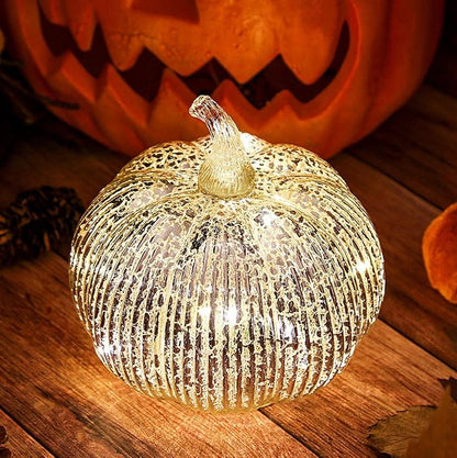Mercury Glass Light Up Pumpkin with Timer, Fall Decoration for Home, Silver Halloween Festive Decor Lamp