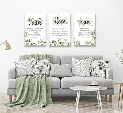 Faith, Hope & Love Bible Verse Inspirational Wall Art, Christian Canvas, A Great Religious Decor Gift for Living Room & Bedroom, (38 x 58cm x 3pcs) Framed (Green)