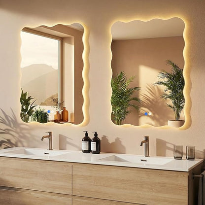Dorlicecass Wavy Led Bathroom Mirror- Vanity Mirror with Lights IP54 Enhanced Anti-Fog, 20"x30" Single Piece 3 Colors Dimmable, Memory,Tempered Glass,UL Listed