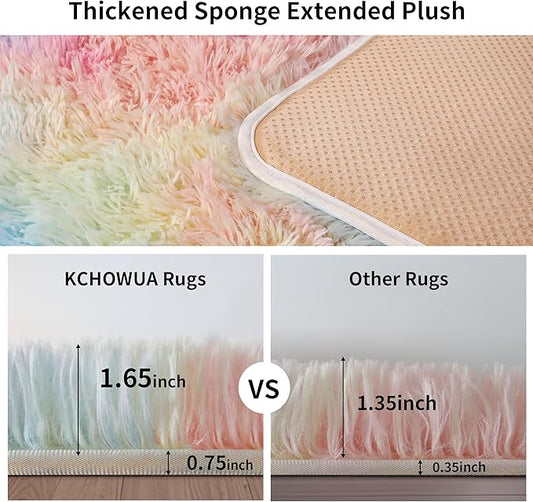 KICHOWUA Thick Area Rug 5x7 Rainbow Fluffy Shag for Girls Bedroom,Ultra Soft Unicorn Plush Fuzzy Washable Thickened Non-Slip Carpet, Pastel Furry Shaggy Rug for Living Room Kids Boys Nursery Dorm