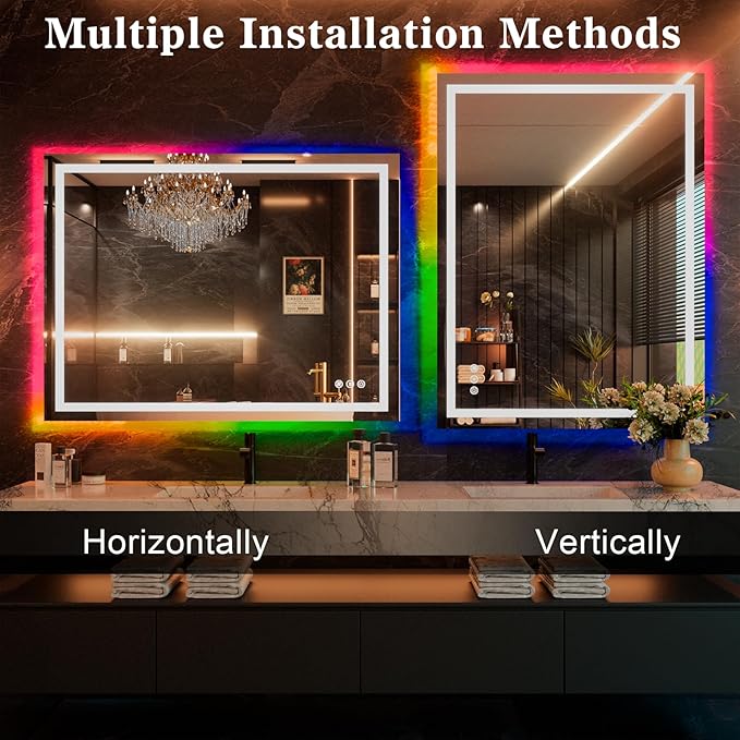 WTTY LED Bathroom Mirror 60"x36" with RGB Backlit and Front Light,Stepless Dimmable LED Mirror for Bathroom,Lighted Bathroom Vanity Mirror,Anti-Fog,Memory Function,Shatter-Proof,Wall Mounted