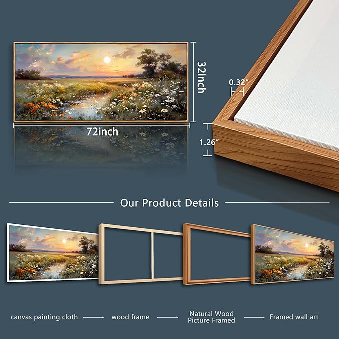 hyidecorart Large Framed Wall Art, Landscape Wall Art, Nature Wall Decor, Wildflowers Scenery Painting Prints, French Country Pictures for Living Room Bedroom Modern Farmhouse Decorations 32x72 In