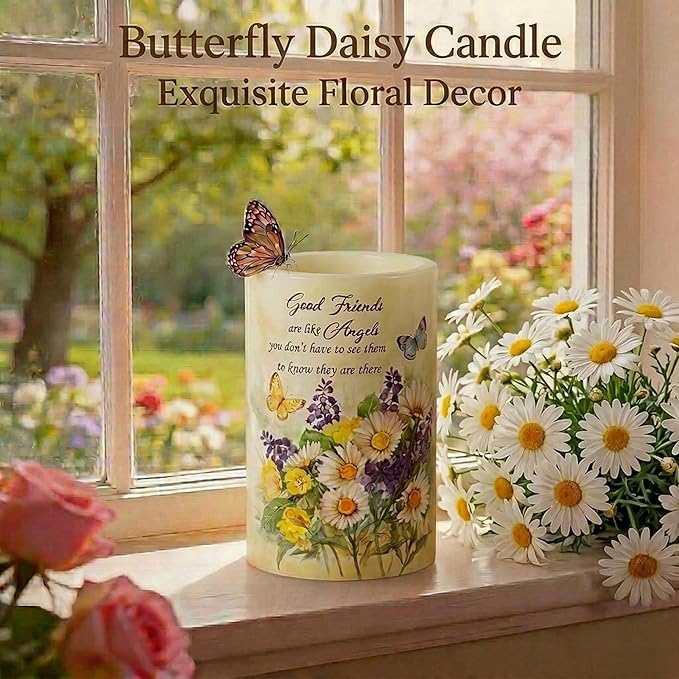 Real Wax Flameless Candles 4x6, Butterfly Daisy LED Pillar Candle with Timer, Battery Operated Flickering Candle, Spring Floral Table Decor, Romantic Home & Wedding Centerpiece, Gift for Women Mom