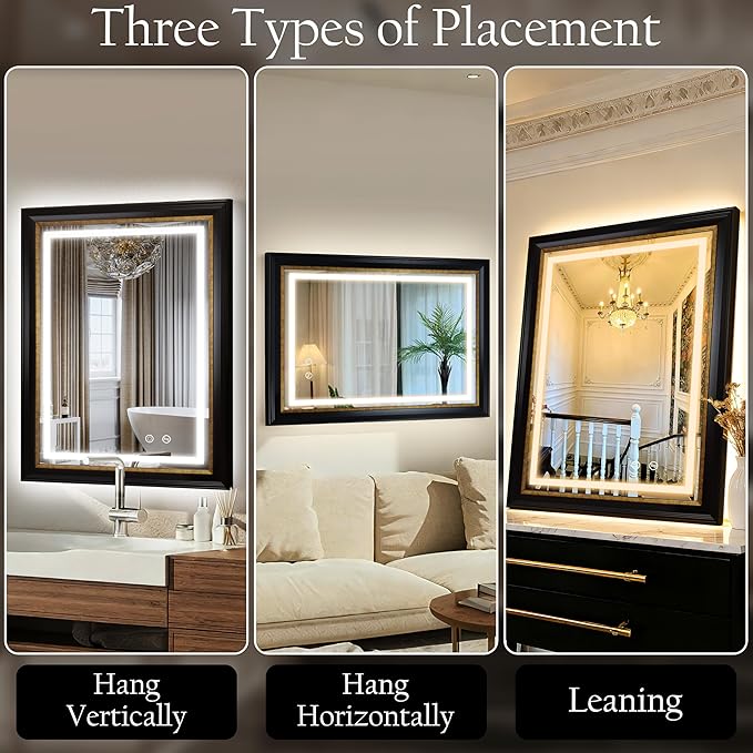 ROLOVE 23x33 Inch Antique Black and Gold Mirror for Wall, Lighted Vintage Mirrors for Bathroom with Anti-Fog, Waterproof Frame, Shatterproof Glass, Ornate Baroque Mirror for Entryway & Powder Room
