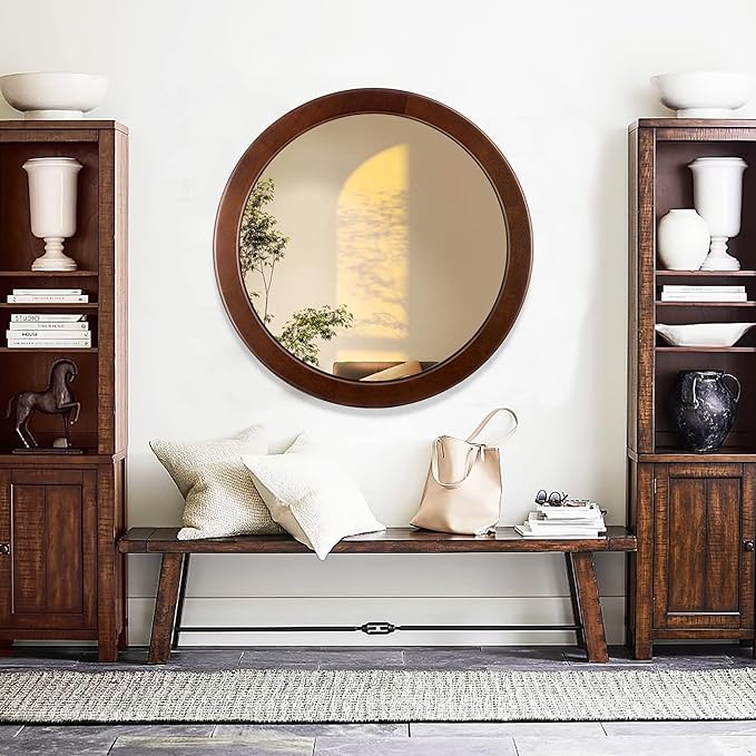 CULER Round Wood Mirror 24 Inch,Circle Mirror with Walnut Frame for Wall,Rustic Decorative Round Wall Mirror for Bathroom Bedroom Entryway（Walnut Brown）