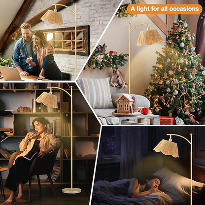 Ambimall 60" Floor Lamps for Living Room with 3 Color Temperatures, Gold Floor Lamp with Rattan Shade, Modern Tall Lamps for Bedroom Office, 9W LED Bulb Included
