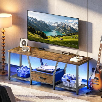 RALGEND TV Stand with LED Lights, for TVs up to 55 Inches, 47" Entertainment Center with Fabric Drawer & Soundbar Shelf, Media Console Table for Living Room, Bedroom, Rustic Brown and Black 1201DSDBB
