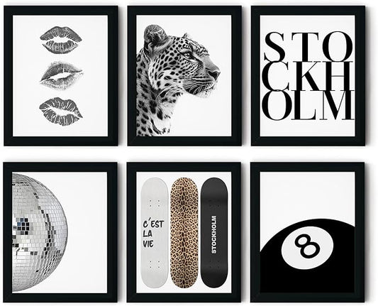 TwoDays Stockholm Style Room Decor for Women, Chic Trendy Wall Art for Living Room Aesthetic, Luxury Fashion Posters for Home Bedroom Apartment Dorm (8" X 10", Set of 6, Black Framed)