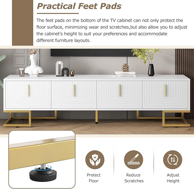 Merax Modern TV Stand with Metal Legs, Gold Handles, Geometric Lines and Adjustable Shelves for TVs Up to 80'', Media Console Table, Luxury Storage Cabinets for Living Room, White