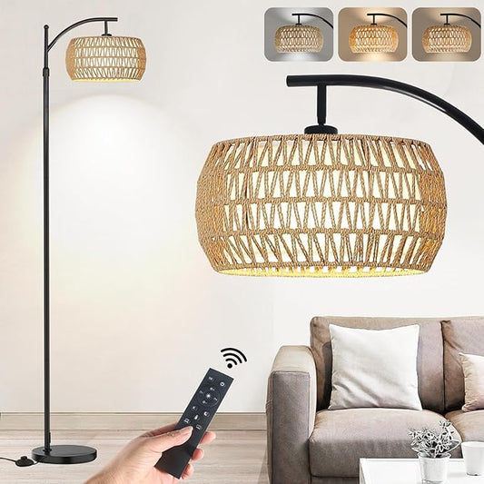 Yusist Arc Floor Lamp for Living Room,Farmhouse Floor Lamps with Remote Control & Dimmable Bulb, Boho Rattan Tall Standing Lamp for Bedroom Office