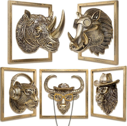 JJALIGHTS Exquisite Resin Animal Head Wall Sculpture (Gift Metal Frame) - Imitation Copper Vintage Decor for Living Room, Bedroom & Office | Decorative Wall Hanging Art
