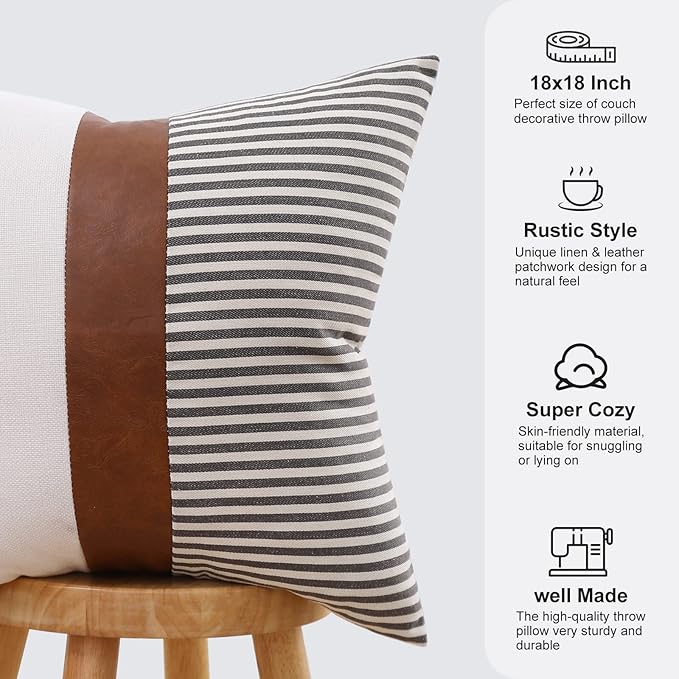 Mecatny Set of 2 Faux Leather Throw Pillows 18x18 with Inserts, Boho Striped Farmhouse Outdoor Pillows, Decorative Accent Cushions for Couch, Patio & Living Room, Grey