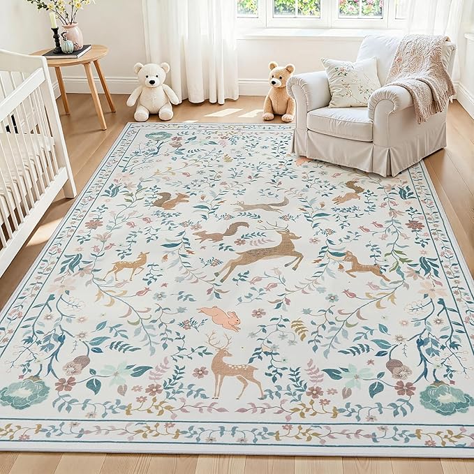 6x9 Area Rugs Washable Rug: Lagre Boho Living Room Rug Soft Non-Slip Thin Carpet Indoor Floor Non-Shedding Neutral Floral Carpets for Bedroom Dining Room Farmhouse Nursery Cream Gray
