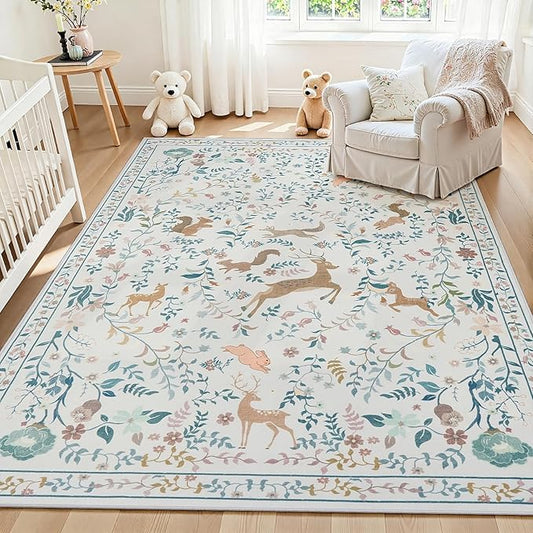 5x7 Area Rugs Washable Rug: Lagre Boho Living Room Rug Soft Non-Slip Thin Carpet Indoor Floor Non-Shedding Neutral Floral Carpets for Bedroom Dining Room Farmhouse Nursery Cream Gray