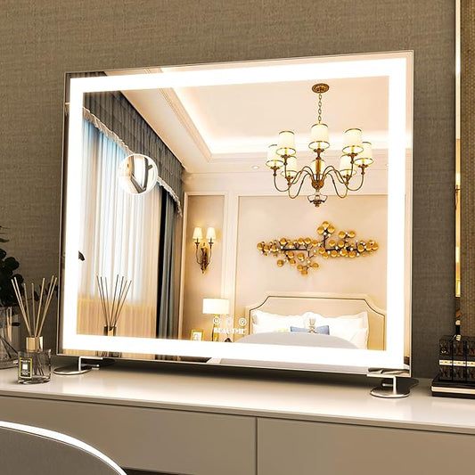 ANYHI Hollywood Makeup Mirror with Lights, Large Lighted Vanity Dressing Table Mirror, Desktop/Wall Mounted Mirror with Lights, Smart Touch Screen, with 10X Magnification, Silver (23.6''x20'')