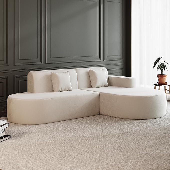 MELLCOM Modern 93" Curved Boneless Sofa Couch, L-Shaped Corner Sofa, No Assembly Needed, Chenille Upholstered Cloud Sectional Couch for Living Room,Apartment and Bedroom (Beige, Right Hand Facing)