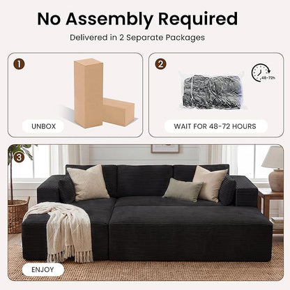 GRUSIGN 106" Oversized Sectional Boneless Sleeper Sofa Bed Couches for Living Room, Modular L Shaped Couch with Left Facing Chaise & Big Ottoman, Compressed Spineless Corduroy Cloud Sofas, Black | Deep Seat