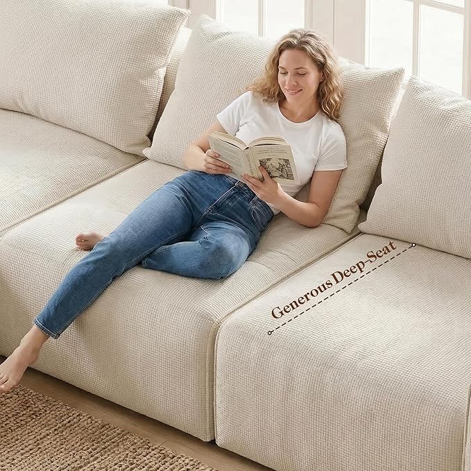 Homkdom L-Shaped Cloud Boneless Couch with Deep Seat, Modular Sectional Sofa with Oversized Chaise, 6 Layouts Combination for Living Room, Apartment, No Assembly (White Check, Left Facing Chaise)