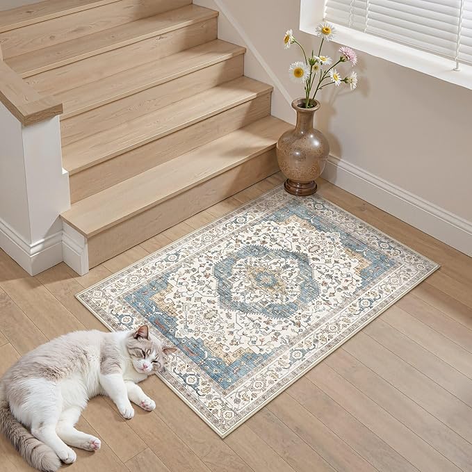 2x3 Washable Entryway Rug: Non-Slip Soft Small Indoor Area Rug for Bedroom Kitchen, Low Pile Stain-Resistant Durable Vintage Floral Carpet for Porch Laundry Kids Room Home Decor (Blue)