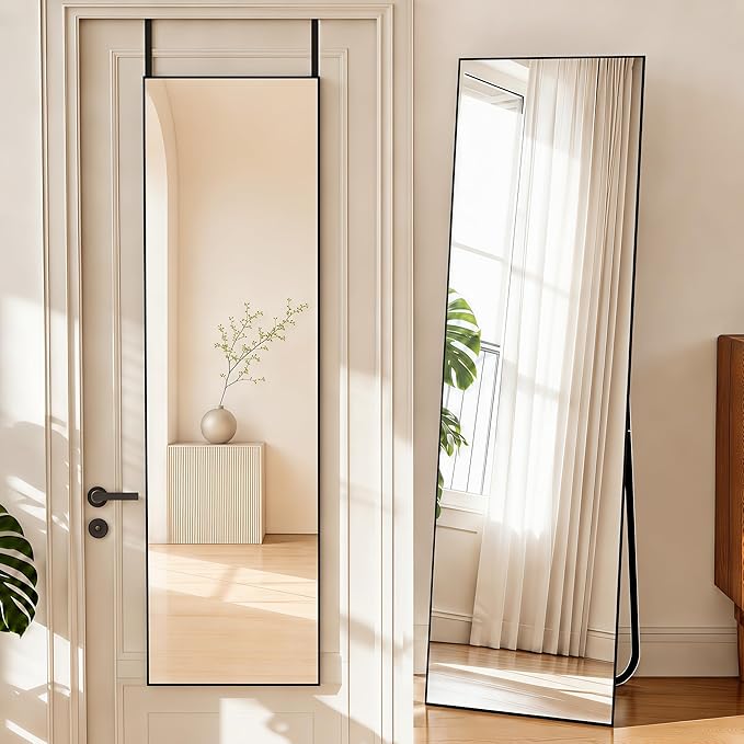 NARCISSUS 57x16 Mirror Door Hanging Full Length Body with Floor Stand or Wall Mounted Metal Aluminum Frame Tempered Glass Rectangle Mirrors for Bedroom Dressing Living Room Bathroom 57 inch Black