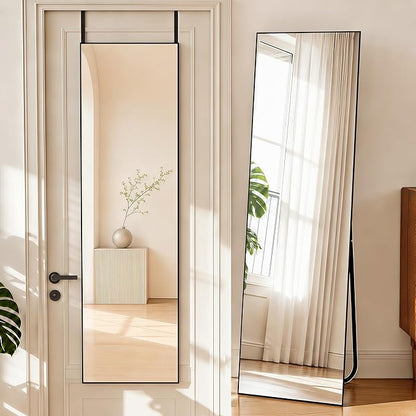 NARCISSUS 57x16 Mirror Door Hanging Full Length Body with Floor Stand or Wall Mounted Metal Aluminum Frame Tempered Glass Rectangle Mirrors for Bedroom Dressing Living Room Bathroom 57 inch Black